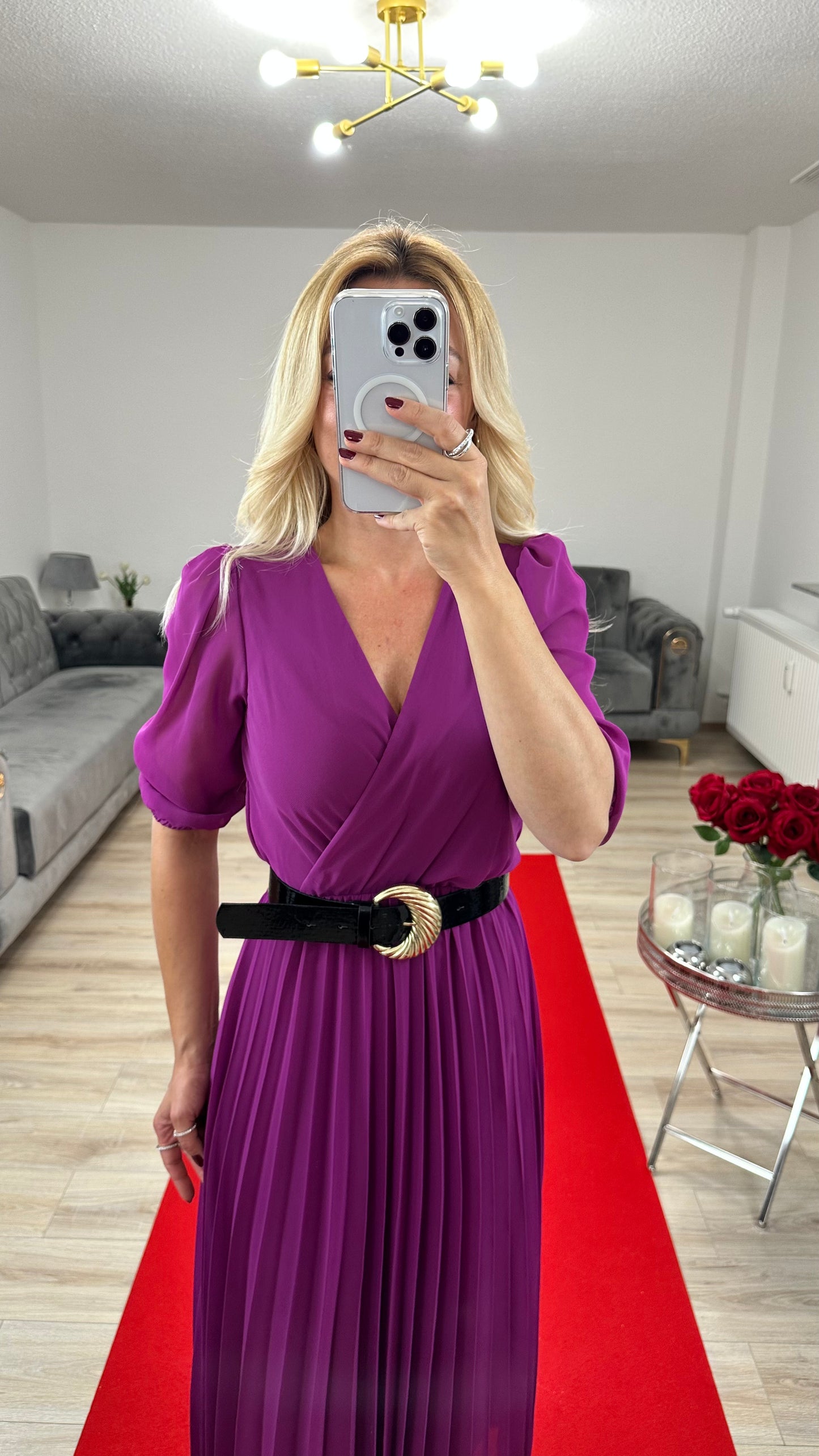 Midi dress chiffon fuchsia with belt