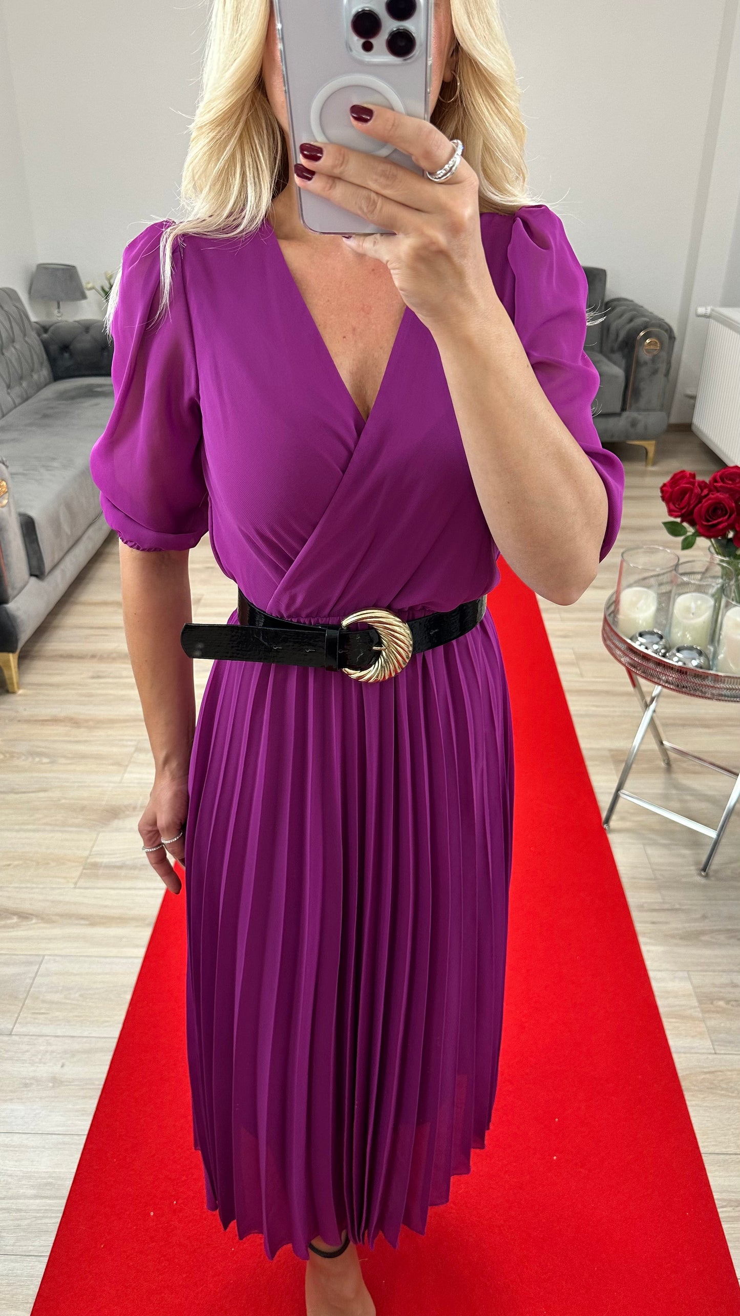 Midi dress chiffon fuchsia with belt
