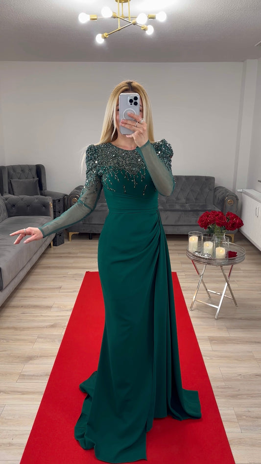 Abendkleid langarm mit Pailetten Smaragdgrün