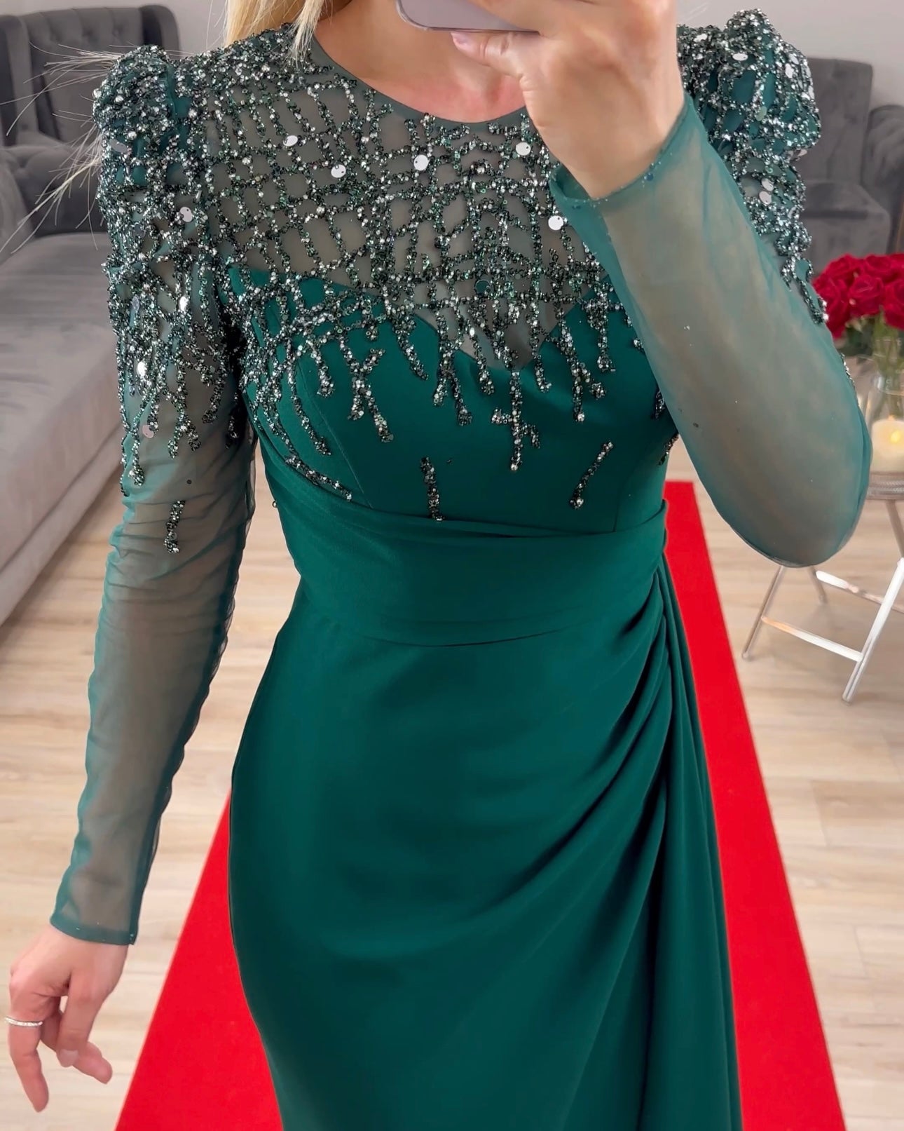 Abendkleid langarm mit Pailetten Smaragdgrün