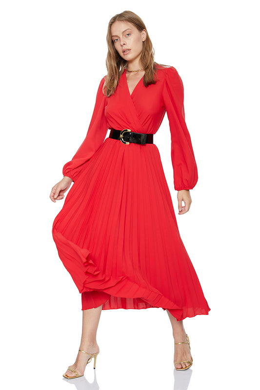 Sommerkleid langarm mit Gürtel Rot